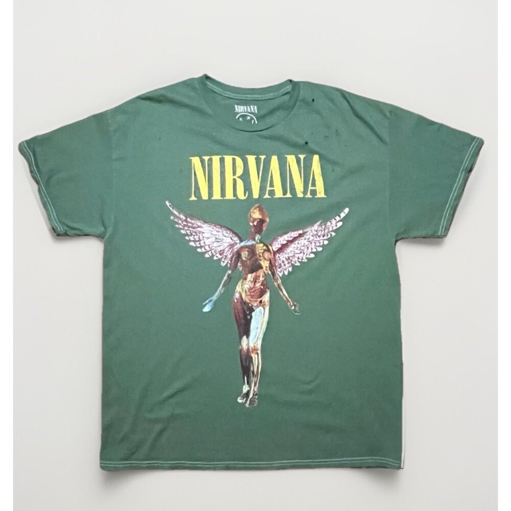 Nirvana In Utero Angel Unisex Distressed Tee Dark Green L/XL